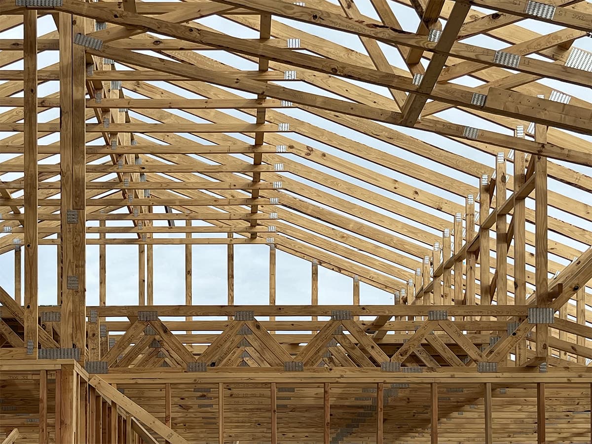 Interior view of installed roof and floor trusses