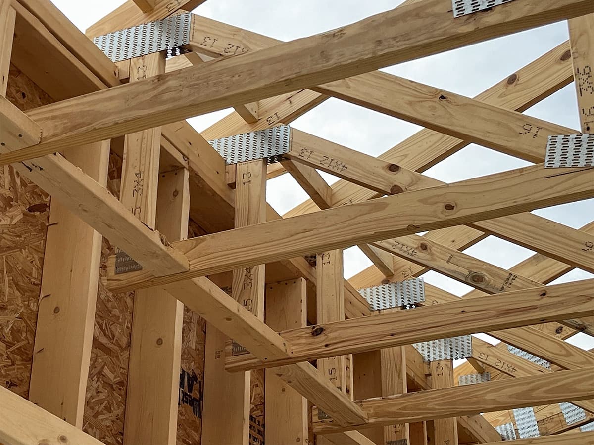 Detailed view of installed roof trusses