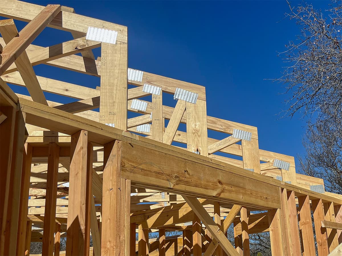 Detailed view of installed roof trusses