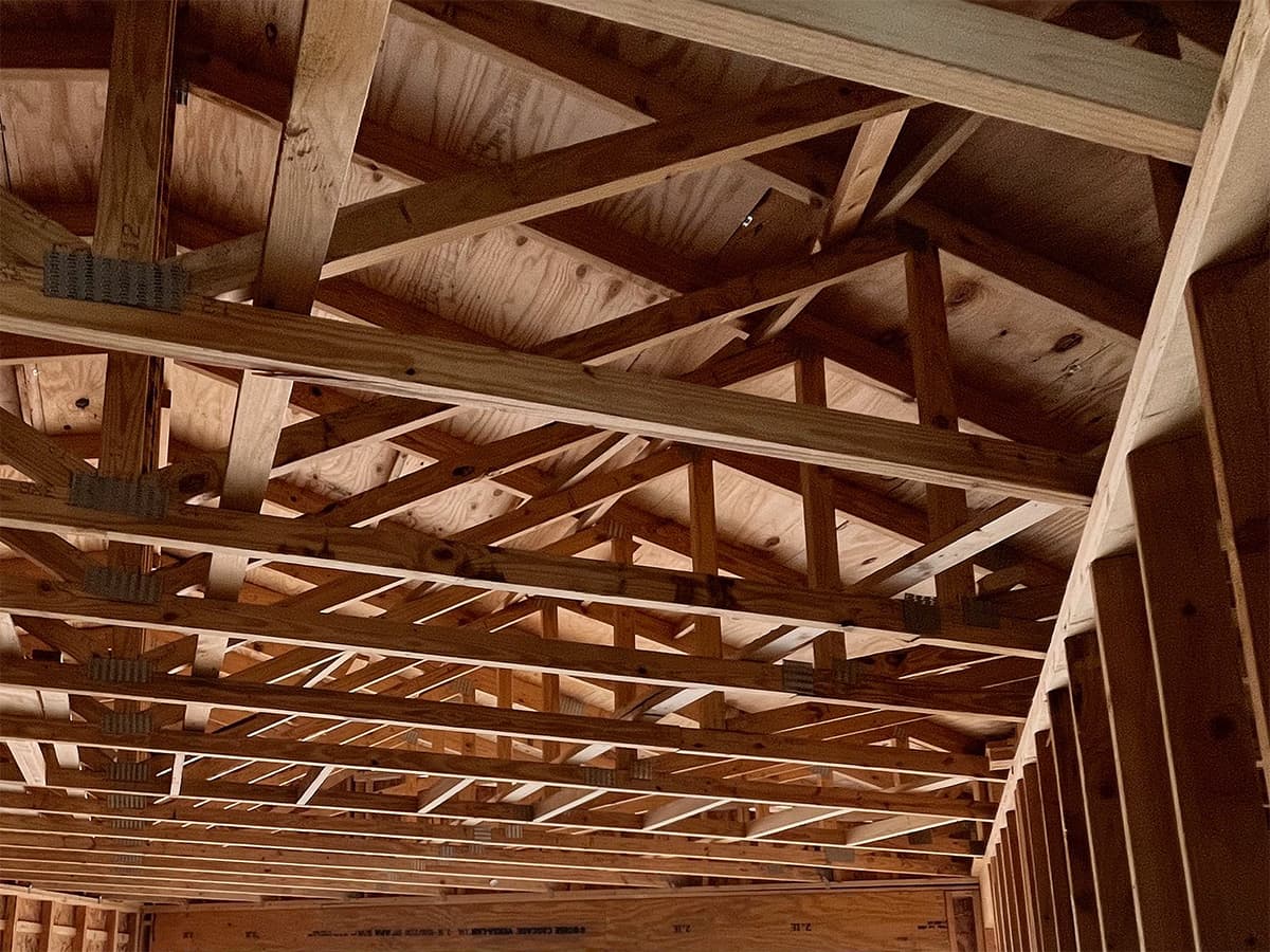 Interior view of installed roof trusses