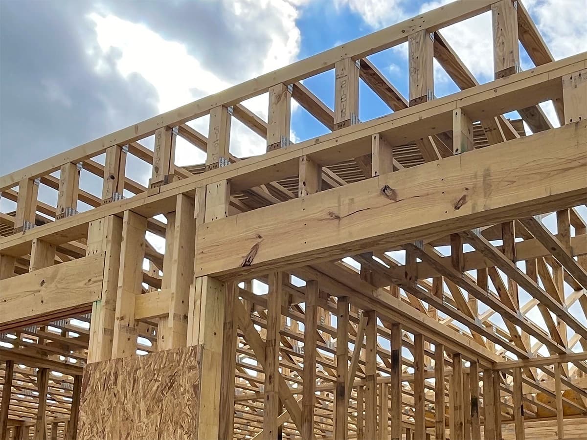 Detailed view of installed roof trusses