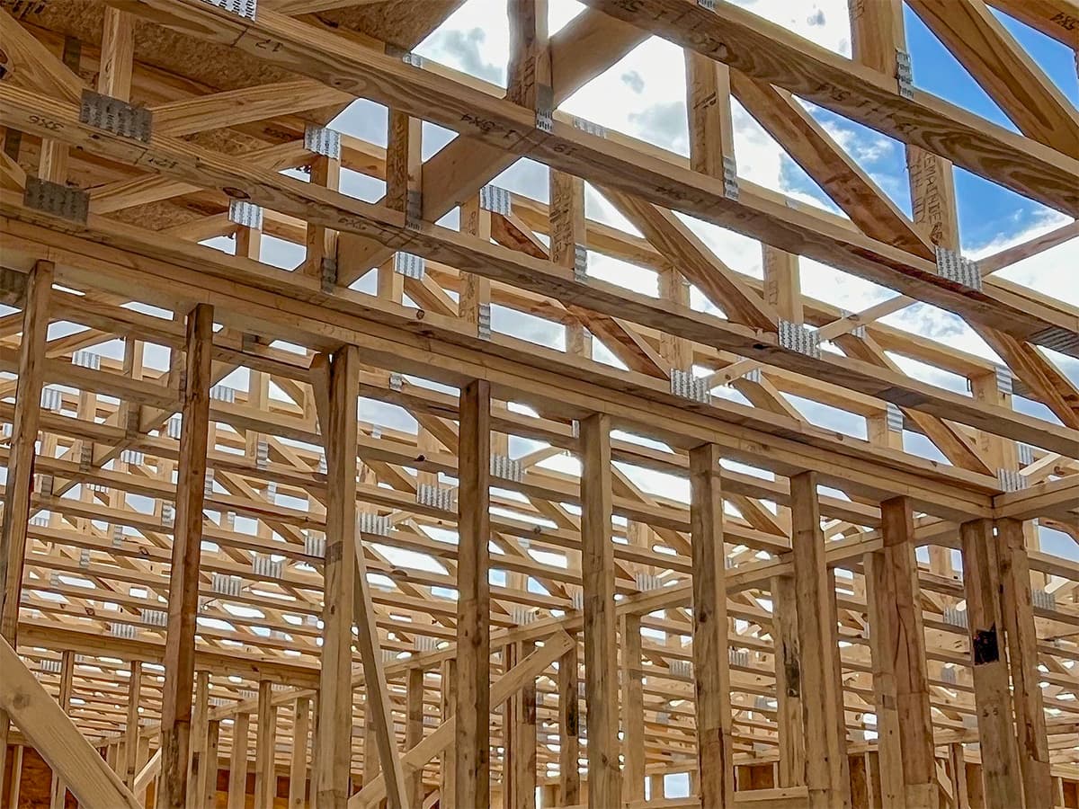 Interior view of installed roof trusses