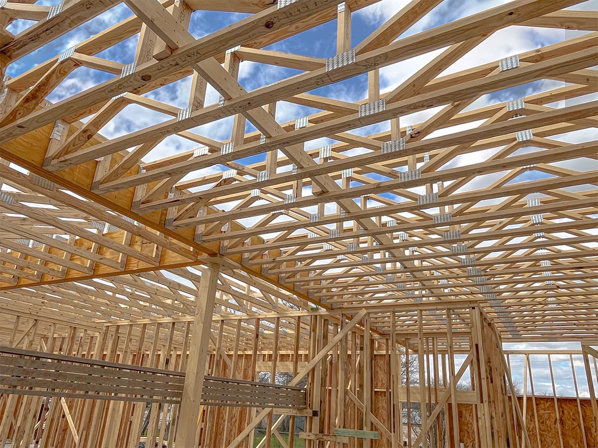 Interior view of installed roof trusses