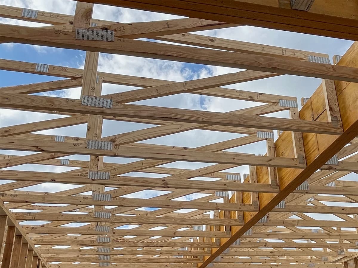 Detailed view of installed roof trusses