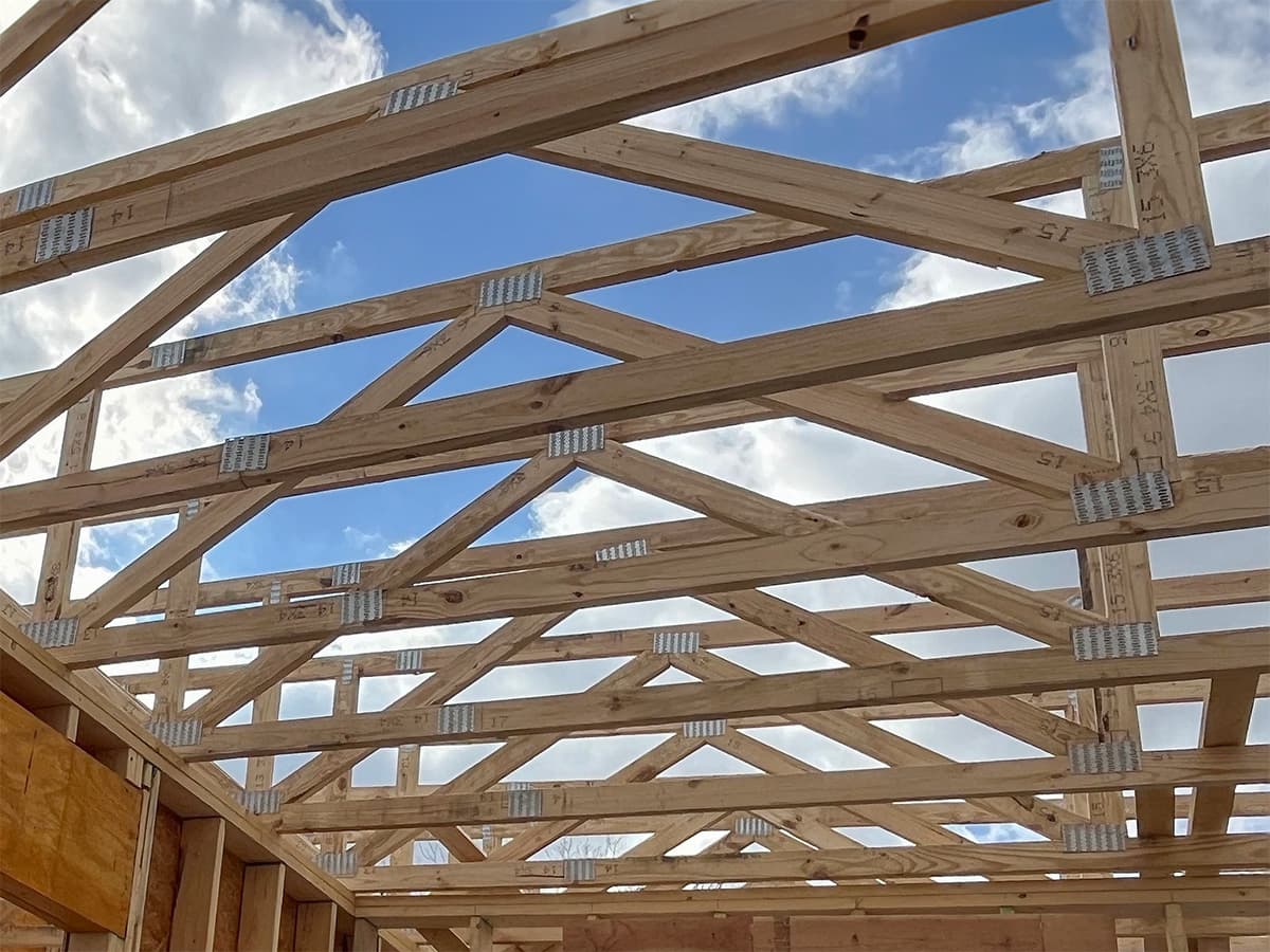 Detailed view of installed roof trusses