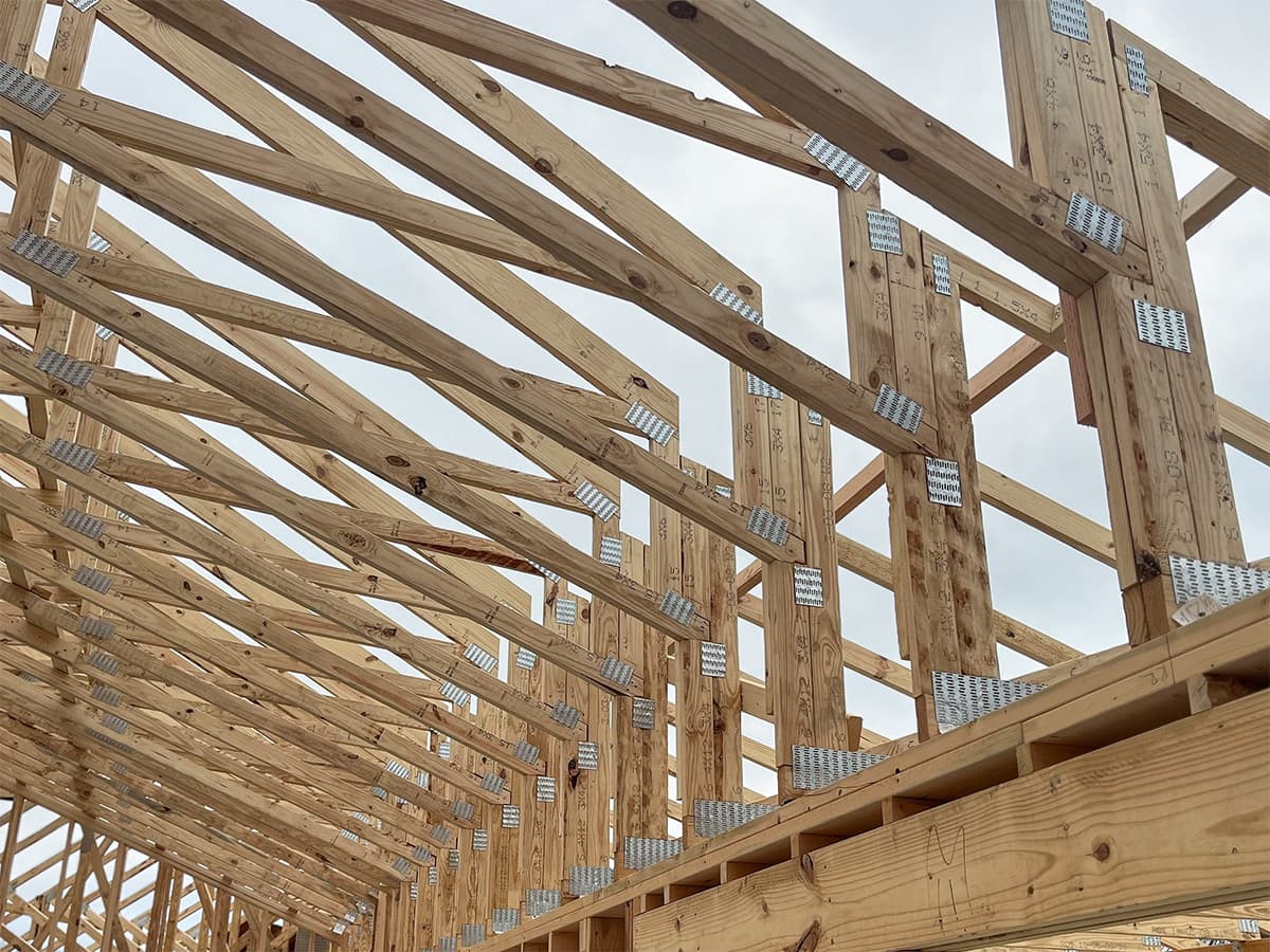 Detailed view of installed roof trusses