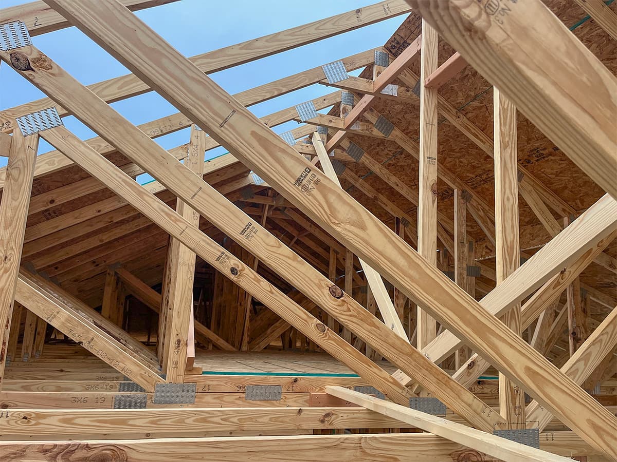 Detailed view of intalled roof trusses in the attic