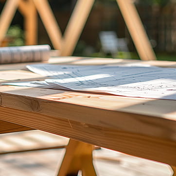 Construction blueprints on an outdoor workbench